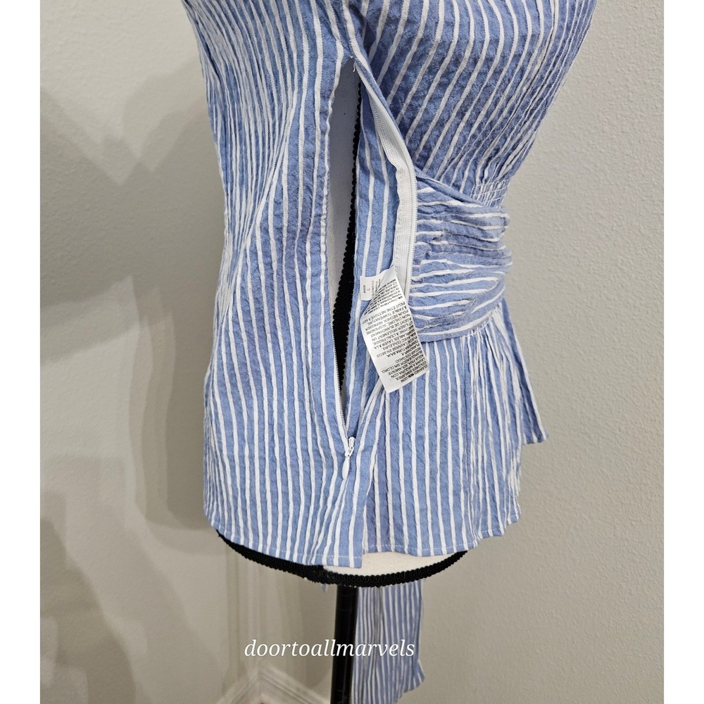 WHBM Seersucker Blouse Statement Ruffle Sleeve Smocked Waist Coastal sz 12 NWT - Picture 12 of 16